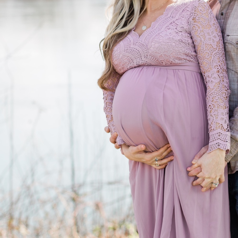 Mauve Lace Crochet Open Back Long Maternity Dress